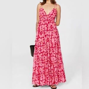 Hutch red pink big floral print tiered maxi dress Women’s sz S